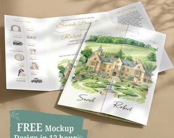 Watercolor Venue Wedding Invitation, Custom Venue Illustration Gatefold Printed Suite, Wildflower Floral Invite with Envelope Liner