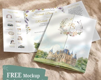 Custom Venue Watercolor Wedding Invitation, Gatefold Floral Illustrated Suite with Wax Seal, Personalised Printed Invite with Envelope Liner