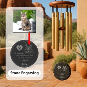 Custom Pet Memorial Wind Chime with Photo – Personalized Dog Cat Loss Gift with Engraved Name, Dates, Quote & Portrait on Stone