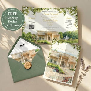May include: Wedding invitation suite featuring a watercolor illustration of a grand estate. The suite includes an invitation, RSVP card, details card, and an envelope with a wax seal. The invitation text reads "Sarah Bennett and Robert Carter".