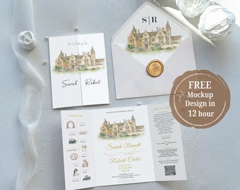 Watercolour Venue Wedding Invitation, Wildflower Gatefold Custom Venue Sketch Suite, Personalised Floral Printed Invite with Envelope Liner