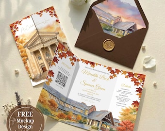 Fall Rustic Wedding Invitation, Watercolor Venue Illustration Gatefold Custom Suite, Autumn Floral Printed Invite with Envelope