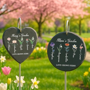 Personalized Garden Stone, Mothers Day Gifts for Grandma with Grandkid&#39;s Birth Flower Gift, Heart or Round Shape Outdoor Decor