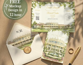 Floral Watercolor Venue Wedding Invitation, Custom Venue Illustration Gatefold Printed Suite, Botanical Floral Invite with Envelope liner