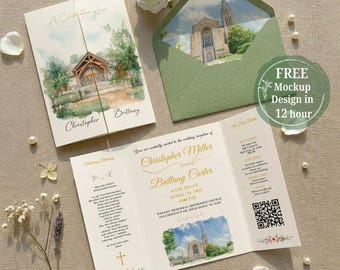Romantic Watercolor Venue Wedding Invitation, Classic Gatefold Custom Venue Illustration Suite, Elegant Printed Invite with Envelope