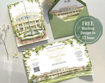 Floral Venue Watercolor Wedding Invitation, Gatefold Custom Venue Illustration Luxury Suite, Destination Botanical Printed Invite & Envelope