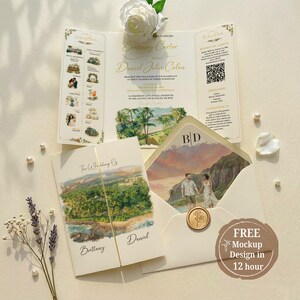 Watercolour Venue Wedding Invitation, Your Image Transformed to Watercolour Gatefold Suite, Custom Illustrated Printed Invite