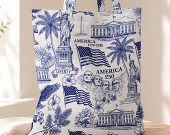 America 250th Anniversary Tote Bag, Vintage USA 250th Years Patriotic Canvas Bag, Retro Independence Day Gift, Toile de Jouy 4th of July Bag