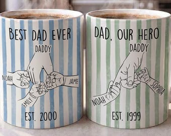 Mug personnalisé papa, tasse à café papa personnalisée, cadeaux pour papa avec prénoms d'enfants, cadeaux fête des pères pour enfants, tasse à café rayée, meilleur mug papa de tous les temps