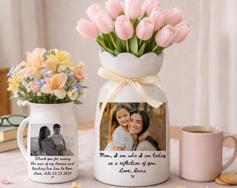 Vase de fleurs personnalisé en céramique avec photo pour maman, vase de fleurs avec photo personnalisé, cadeau pour maman, cadeau de fête des mères, cadeau de famille unique, décoration d'intérieur