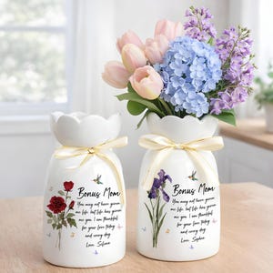 Jarrón de cerámica personalizado con la flor de nacimiento, regalo para el Día de la Madre, plato para anillos para regalos a la madrastra, regalo de boda para la madrastra, jarrón de cerámica