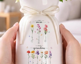 Personalized First Mom Now Grandma Gift, Custom Birth Month Flower Vase with Grandkids Name, New Grandma Gift, Mothers Day Gift