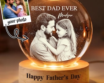 Custom LED Light Gift For Dad, Personalized Photo Crystal Ball Light Night, Father's Day Gift, Grandpa Gift, Dad & Kids Portrait Globe