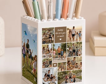 Personalised Photo Building Block Pen Holder,  Custom Dad Gift for Office Desk Decor,  Father's Day Picture Puzzle Desk Organizer Gift
