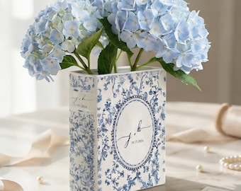 Personalized Wedding Ceramic Book Vase, Custom Wedding Vase, Toile de Jouy Vase, Couple Initial Gift, Bridal Shower Gift