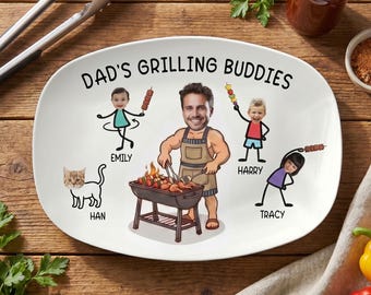 Gepersonaliseerde vaders grillplaat met kindernamen en gezichten, aangepaste BBQ-schotel Vaderdagcadeau voor opa, verjaardagscadeau grillmaster