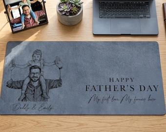 Custom Dad Photo Sketch Line Art Leather Desk Mat, Personalized Photo Father's Day Gift, Gift For Husband, Dad Picture Desk Pad Mouse Mat