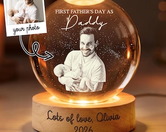 Personalized First Fathers Day Picture Globe, Custom Photo Crystal Ball Light Night, New Dad Gift, Father's Day Gift for New Dad