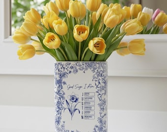 Custom Christian Ceramic Book Vase With Name, God Says I Am Bible Verse Vase, Scripture Gift for Daughter, Toile De Jouy Religious Gift