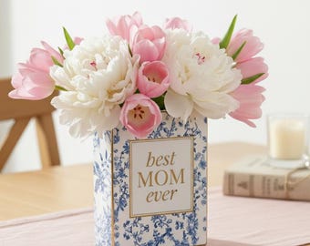 Custom Best Mom Ever Ceramic Book Vase, Personalized Toile de Jouy Book Vase, Gift for Mom,Mothers Day Gift, Mom Birthday Gift, Gift for Her