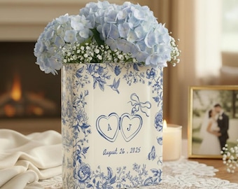 Personalized Engagement Ceramic Book Vase, Custom Wedding Vase, Couple Initials Vase, Toile de Jouy Vase, Engagement Gifts, Gift For Bride