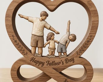 Cadeau personnalisé fête des pères papa enfant coeur et bloc en bois infini personnalisé, prénom personnalisé papa et enfants, cadeau artisanal unique pour papa