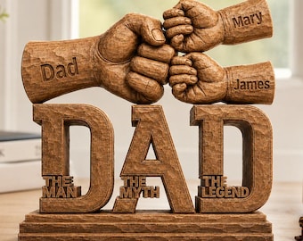 Custom Dad & Kids Fist Bump The Man The Myth The Legend 2D Flat Wooden Block, Custom Dad Holds Kids' Hands Wooden Block, Father's Day Gift