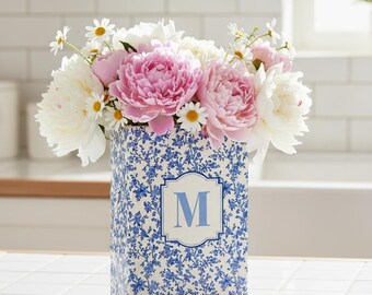Custom Toile de Jouy Ceramic Book Vase, Custom Wedding Vase, Wedding Vase, Initial Gift, Bridal Shower Gift, Custom Name Chinoiserie Vase