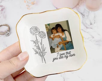 Personalized Ring Dish For Mom - Gift For Step Mom From Daughter - Custom Flower and Photo Trinket Tray - Wedding Keepsake - Mothers Day