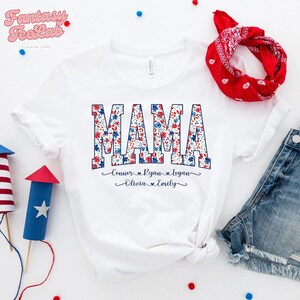 Personalized 4th of July Mama Shirt With Kids Name, Fourth of July Shirt, Floral Mama Shirt for July 4th, American Mama Tee, USA Shirt