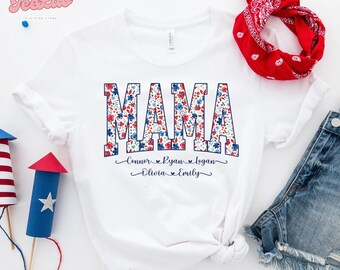 Personalized 4th of July Mama Shirt With Kids Name, Fourth of July Shirt, Floral Mama Shirt for July 4th, American Mama Tee, USA Shirt