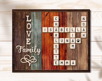 Custom Family Crossword Woodeen Sign, Scrabble Name Wall Art, Family Puzzle Sign, Fathers Day, Mothers Day Gift, Custom Names Tiles Gift