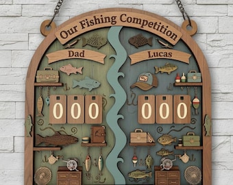 Personalisiertes Angeln Wettbewerb Tracker Zeichen, Angeln Anzeiger, Hölzernes Fisch Zähl Zeichen, Geschenk für Vatertag, Zeichen für Vater und Sohn