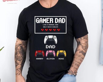 Personalized Gamer Dad Shirt with Kids Names, Funny Video Game Dad Gift for Father's Day, Gaming Hand Play shirt, New Dad Birthday Present