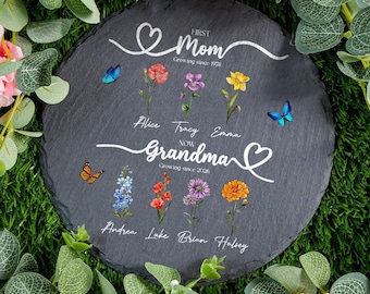 Grandma's Garden Stone, Personalized Grandma Stepping Stone Gifts for Grandma Mother's Day Gift from Grandchildren Birth Month Flower Garden