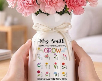 Personalized Teacher Flower Vase, Thank You For Helping Us Grow Gift, Custom Student Name Teacher Keepsake