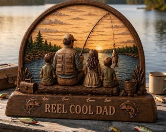 Personalized Reel Cool Dad Fishing Wooden Block,  Personalized Dad and Kids Keepsake, Rustic Fishing Decor, Father's Day Plaque