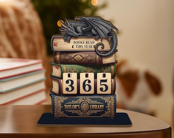 Custom Books Read This Year Tracker – Wooden Dragon and Books Library Sign, Fantasy Book Counter, Personalized Gift for Readers, Book Lover