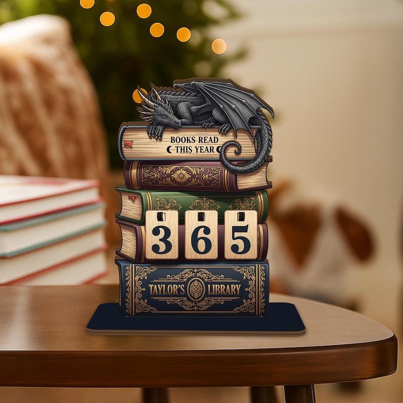 🎁 Custom Books Read This Year Tracker – Wooden Dragon and Books Library Sign, Fantasy Book Counter, Personalized Gift for Readers, Book Lover