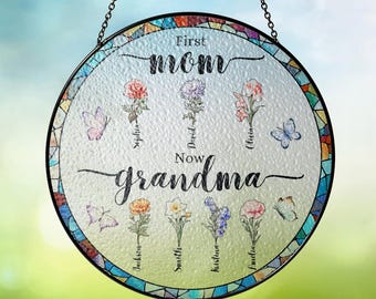 Personalized Nana Gift, Custom Birth Month Flower Stain Glass Suncatcher, Mother’s Day Gift, First Mom Now Grandma Suncatcher, Mom Gift