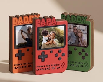 Personalized Fathers Day Gift for Gamer Dad, Custom Photo Dad Frame, Retro Game Console Photo Wooden Block Sign, Game Lover Room Decor