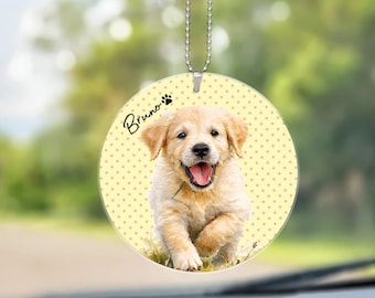 Personalized Pet Car Ornament, Custom Dog Cat Photo Rearview Mirror Hanging with Name, Personalized Pet Remembrance Gift Loss