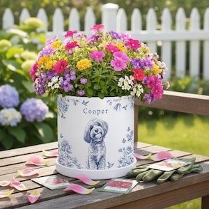 Maceta personalizada con foto de mascota en tela Toile De Jouy – Maceta personalizada con foto de mascota en tela Toile De Jouy, regalo para recordar a tu perro fallecido, regalo para amantes de los perros, regalo para mamás perrunas