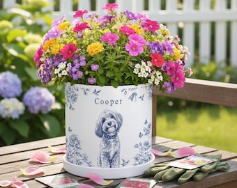 Custom Toile De Jouy Pet Photo Plant Pot – Personalized Toile De Jouy Pet Photo Planter, Dog Loss Remembrance Gift, Dog Lover, Dog Mom Gift