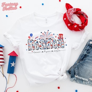 Personalized 4th of July Floral Mama Shirt With Kids Name, Fourth of July T-Shirt Patriotic Mama Shirt, American Mama Tee, USA Shirt