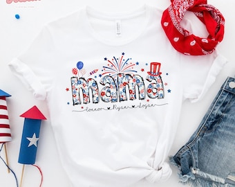 Personalized 4th of July Floral Mama Shirt With Kids Name, Fourth of July T-Shirt Patriotic Mama Shirt, American Mama Tee, USA Shirt