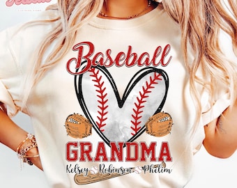 Camiseta personalizada de abuela de béisbol con nombres de nietos: camiseta deportiva personalizada con corazón, regalo para el Día de la Madre para abuelas de béisbol, camiseta para el día del partido