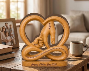 Personalized Dad Infinity Sign Wooden Block, Holding Hands Children Name Sign, Father's Day Gift for Him, Daddy Keepsake Wooden Block Decor