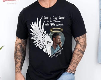 Sweat-shirt commémoratif personnalisé avec nom, la moitié de mon coeur est au paradis avec ma chemise ange, cadeau de sympathie pour la perte, chemise en souvenir d'un être cher