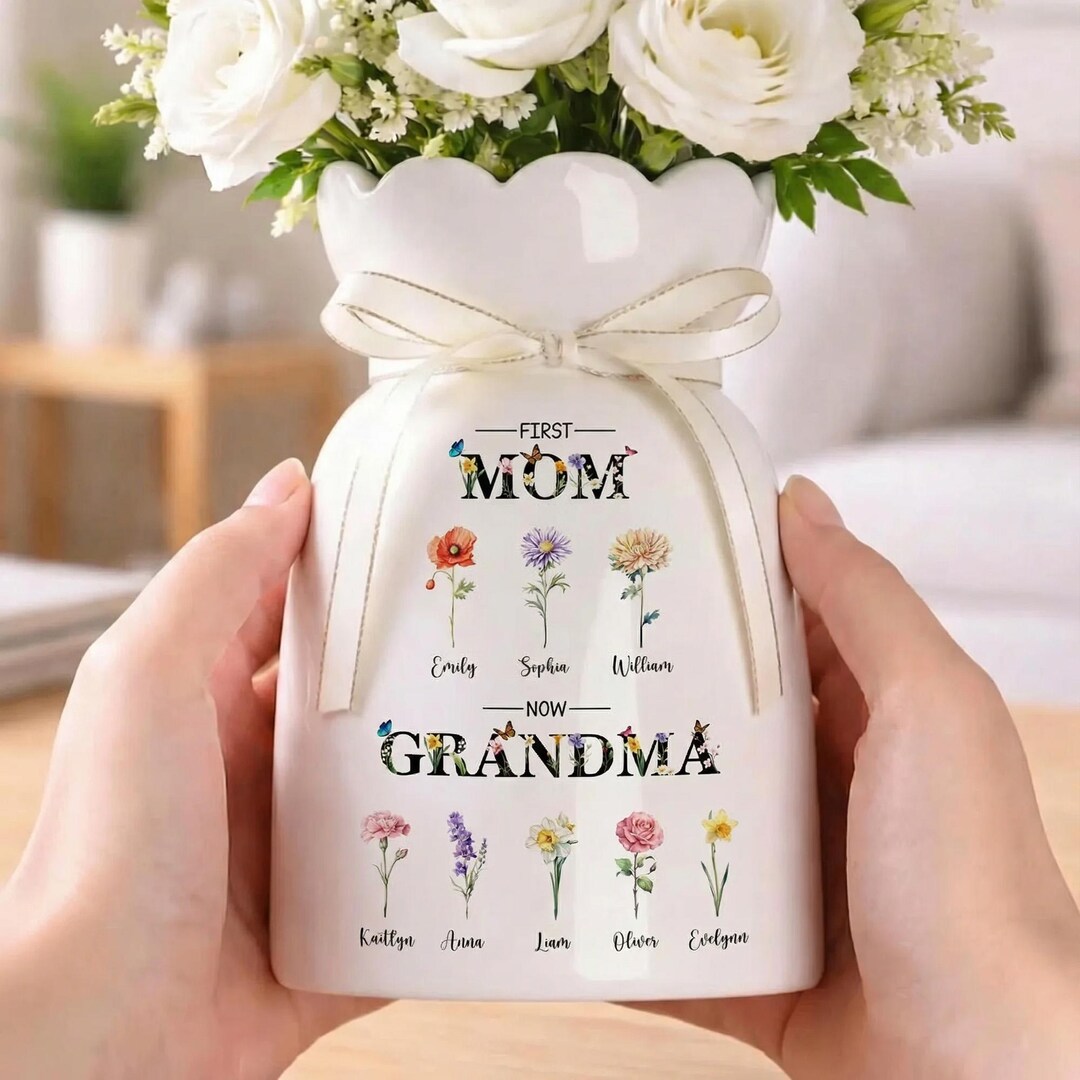 Personalized First Mom Now Grandma Vase, Custom Birth Month Flower Gift ...